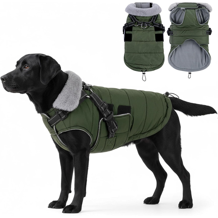 Зимовий одяг для собак ASENKU: теплий, водонепроникний, вітрозахисний, з нагрудником, для малих, середніх та великих собак, зелений (XXL)