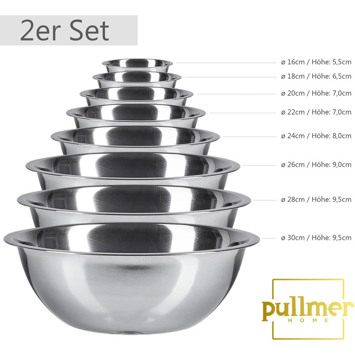 Набір кухонних мисок Pullmer (2 шт) з нержавіючої сталі, Ø 30 см. Ідеально підходять для мюслі, салатів, замішування тіста та сервірування. Їжа-безпечні, придатні для миття в посудомийній машині