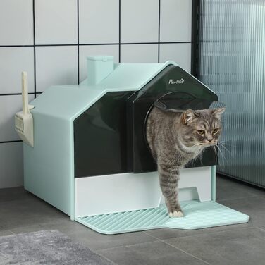 Туалет для котів PawHut з кришкою, совком і фільтром, пластик ABS, для котів до 8 кг, блакитний, 47x45x42 см
