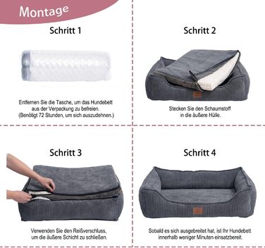 Ортопедичне собаче ліжко преміум-класу з корду для собак маленьких та середніх порід, з додатковою петелькою, водонепроникний внутрішній чохол, собаче ліжко-софа, подушка для собак, знімний та пральний чохол, 80 x 60 x 17 см, Сірий (M)