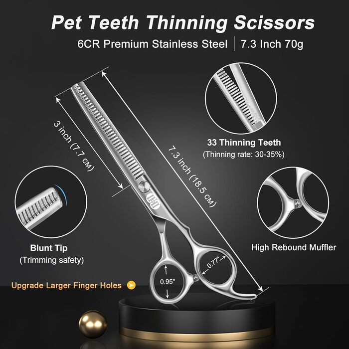 Професійний набір ножиць для грумінгу собак CIICII 10-в-1 з безпечними закругленими кінцями. Ідеально підходить для собак, котів та інших домашніх тварин. Срібний колір.