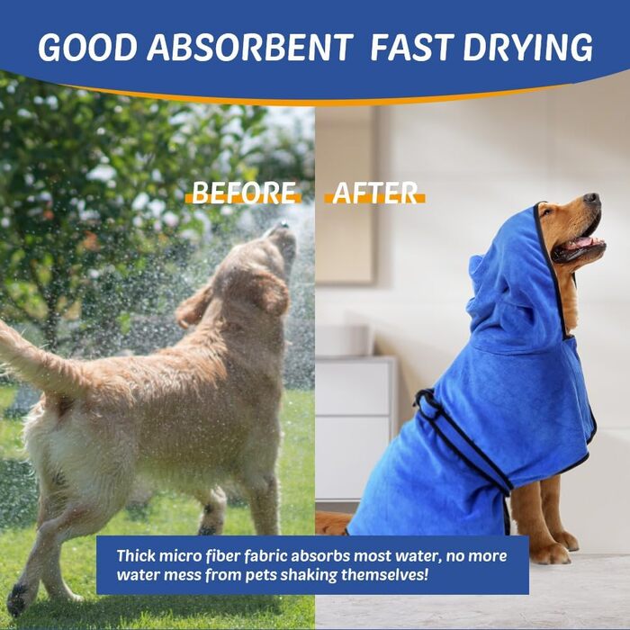 Рушник для собак з капюшоном, вбираючий рушник для сушіння після купання, підходить для собак та котів усіх порід, розмір L (блакитний)