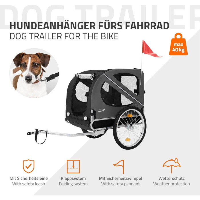Фаркоп-причіп для велосипеда 2в1 Hauki: собачий візок та причіп, чорно-сірий, 130x72x90 см, для собак до 40 кг, з відбивачами, мотузкою та прапорцем