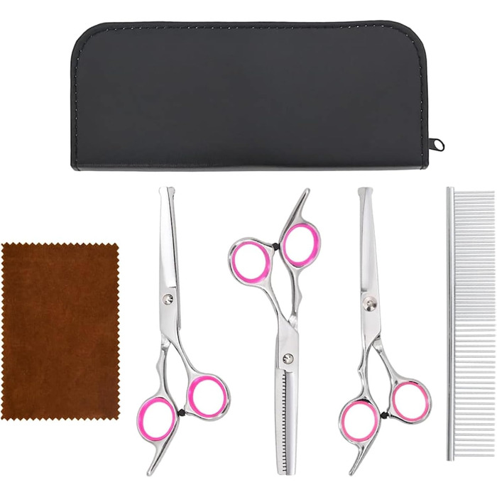 Набір професійних ножиць для собак з нержавіючої сталі - для всіх порід - з ножицями для фінальної обробки, гребінцем та ганчіркою - сріблястий Model4101328