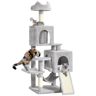 Кігтеточка YITAHOME велика, XL, 137 см, з 2 сизалевими стовпчиками, 1 платформою, 2 печерами, гамаком, плюшевими кульками, кігтешкребком, комплексом для котів, сірий 45 x 45 x 137 см