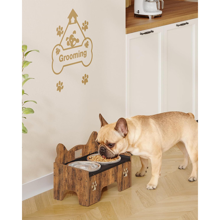 Підвищена годівниця для собак Hzuaneri з двома мисками, нержавіюча сталь, захист від бризок, антиковзаюча, безшумна, для малих та середніх собак, вінтажний коричневий, PB01601B