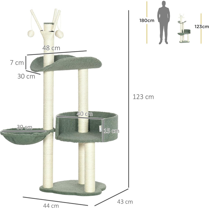 Дерев'яний будиночок для котів PawHut 123H - когтеточка, ліжко, іграшки, сизаль, плюш, кремово-білий+зелений
