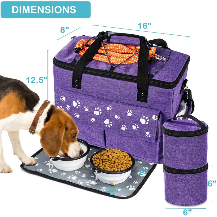 CLAWIST Сумка для собак, переноска для подорожей, XL, фіолетова. З контейнерами для корму та мисками. Відповідає вимогам авіакомпаній