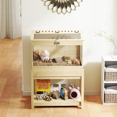 Клітка для хом'яків PawHut 2 поверхи, для дрібних тварин з відкидним дахом, 83,2 x 50 x 103 см, натуральне дерево