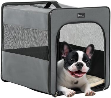 Складана переноска для собак Petsfit з плюшевим матрацом 3 см, портативний контейнер для середніх собак, для подорожей, сірий, розмір M 61x46x53.5 см
