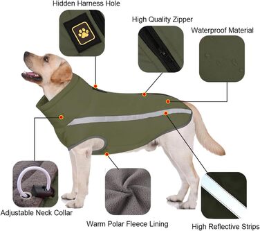 Водонепроникний зимовий теплий одяг для собак FeimaX: куртка з флісовою підкладкою, світловідбиваючі елементи, розмір XXL, оливковий