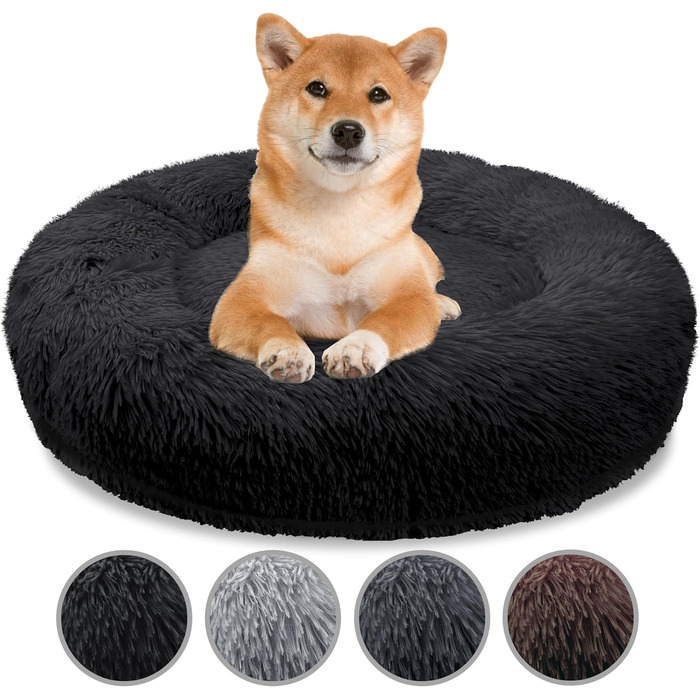 Ортопедичне ліжко для собак середніх порід, 80 см, кільцевий килимок, пам'ять, кругла форма, корзина для собак, м'яке, пухнасте, штучне хутро, чорний колір