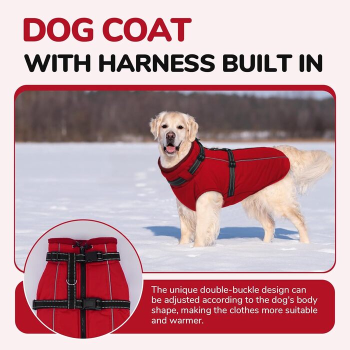 Теплий зимовий одяг для собак Lelepet: куртка з інтегрованим шлейкою, вітронепроникний флісовий підклад, світловідбиваюча жилетка для холодної погоди, 2XL (Small, Червоний)