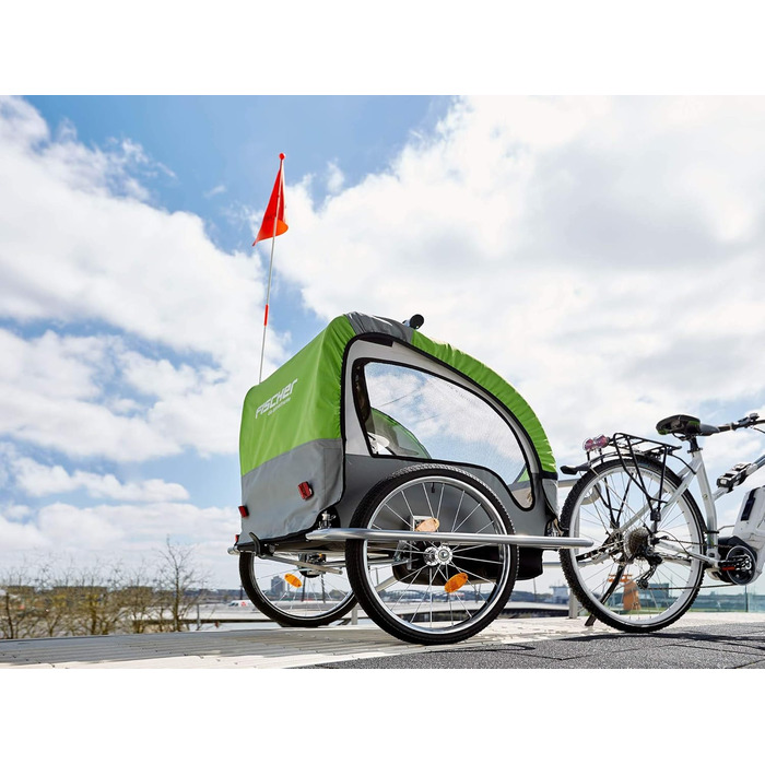 Дитячий велопричіп Fischer Komfort з підвіскою, сертифікований TüV/GS, зелений/антрацитовий, для 2 дітей