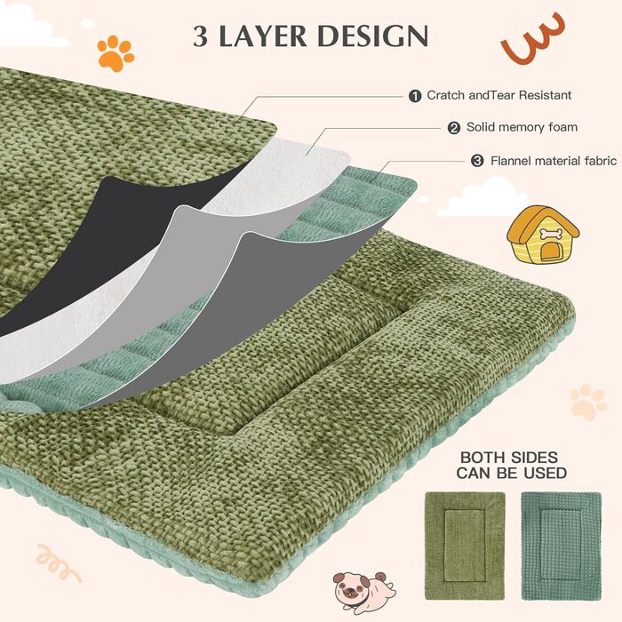 Лежанка для собак, миється, пухнаста, м'яка та тепла лежанка для собак маленьких, середніх та великих порід XZ016 (Зелений, L 75 x B 50 x H 4 см)