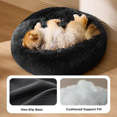 Кішечка БЕДСЮР: М'яке ліжко для котів Ø 60 см, зручний лежак для котів та маленьких собак, плюшеве кругле ліжко, темно-сірий колір, розмір 60x60x14 см