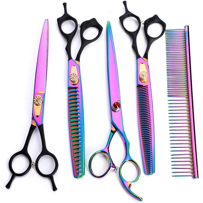 Професійна ножиця для стрижки собак Profi Hunde Haarschere, 8.0 дюймів, ефілююча ножиця, вигнута ножиця, гребінець для грумінгу, фіолетовий колір