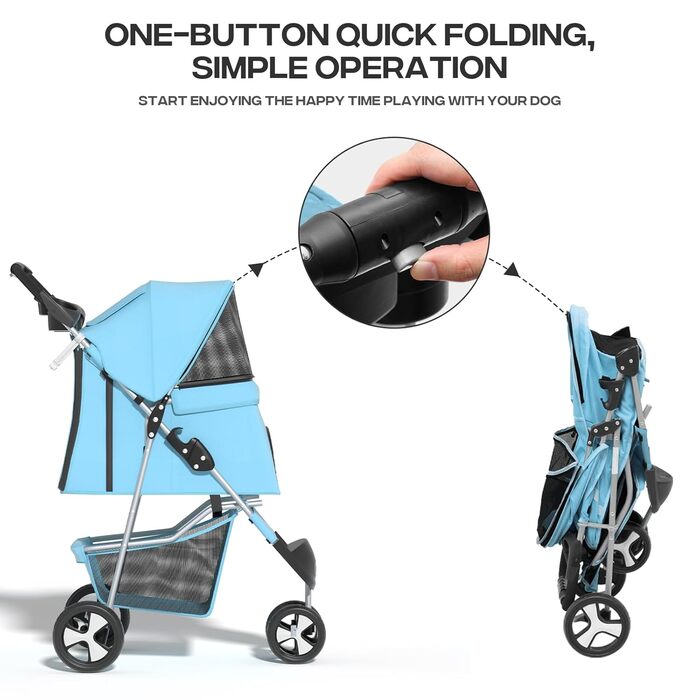 Дитяча коляска для котів та собак, 3 колеса, складний бугі для тварин, 13.6 кг, з кошиком та тримачем для напоїв, м'ятний колір