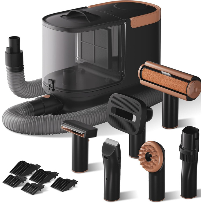 Набір для догляду за домашніми тваринами Fudajo, чорний, 6 в 1: машинка для стрижки шерсті з пилососом, для блискучого хутра