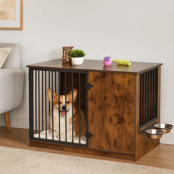 Клітка для собак Relaxdays, для дому, HBT: 65,5x102x60 см, 2 поворотні миски, собача будка з виглядом дерева, МДФ & сталь, (Коричневий/Чорний)