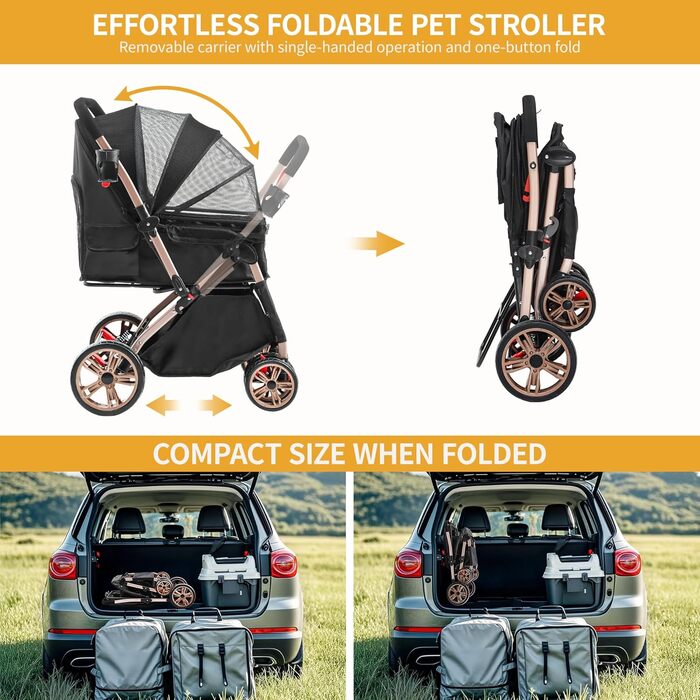 Візок для собак DWVO 3-в-1: візок, переноска, сумка. До 22 кг, EVA-колеса, сітчасті вікна, чорний (58,5x76x105 см)