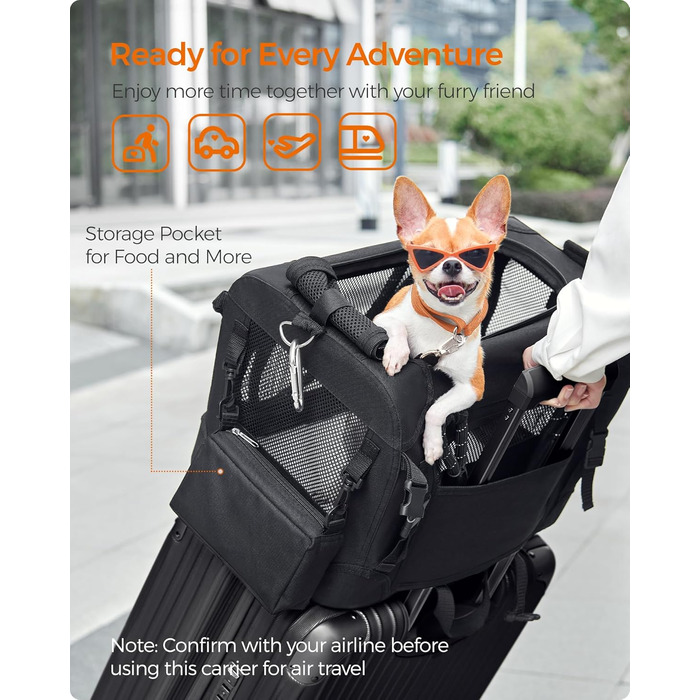 Транспортна сумка Feandrea для собак та котів, складна, чорна, розмір S (до 5,9 кг), з металевим каркасом та повідком