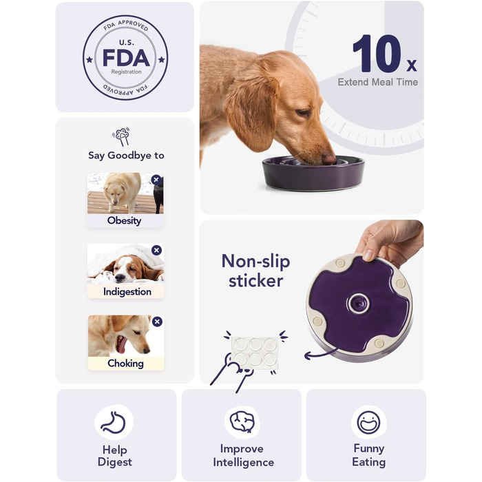 Таця для собак LE TAUCI з кераміки, антислизька таця для середніх та маленьких собак, повільне годування та розваги, таця для їжі з неслизьким дизайном (Лабіринт, фіолетовий, S-350 мл)