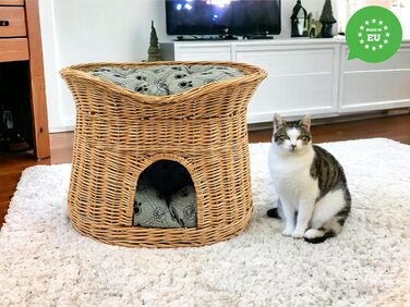 Кошик для кота зі спального місця, котяча хата з лози 60 см, двоповерхове ліжко для котів і собак з м'якою сірою подушкою, натуральний колір