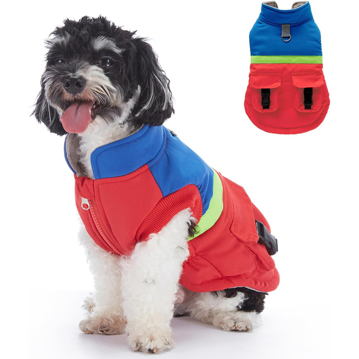 Зимовий теплий пуховик для собак з протекторними отворами, вітронепроникна куртка для холодної погоди, бавовна, костюм для цуценят, маленьких та середніх собак, розмір XL (S: Обхват грудей: 34 см/13.3 дюйма, Стиль 4: Червоний, Синій)