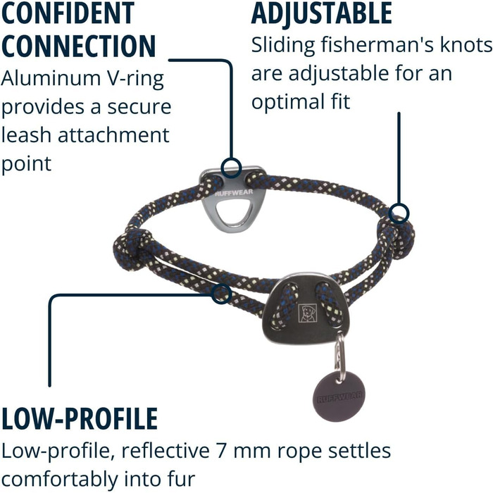 Ошийник для собак Ruffwear Knot-a-Collar, середній, регульований, з альпіністського шнура, для прогулянок, 36–50 см, чорний обсидіан