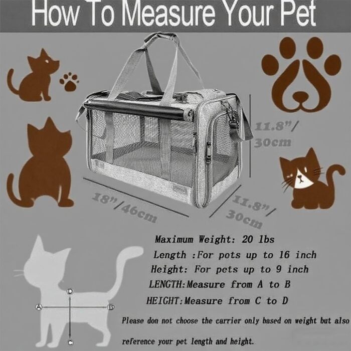 Транспортна переноска для собак та котів SHJOEE, складана, дихаюча, з оксфордської тканини, для великих котів та цуценят, для подорожей, авто, до ветеринара (сірий, 46 x 46 x 30 см)