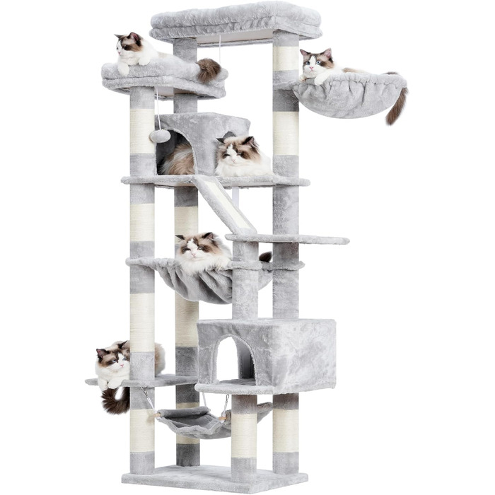 Кігтеточка-будинок для котів Heybly HCT034G, 180 см, сірий, з 2 платформами, 2 будиночками, гамаком, корзиною та когтеточкою