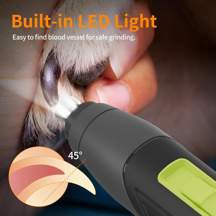 Електричний точило для собачих кігтів Toozey Krallenschleifer: 3 швидкості, LED-підсвітка, для середніх та великих собак (жовтий)