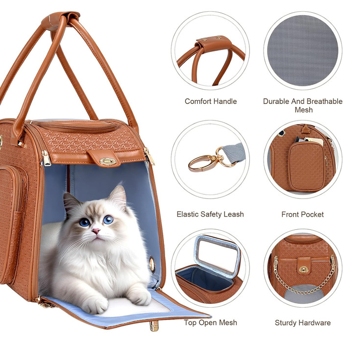 Стильна сумка-переноска для собак преміум-класу, для маленьких собак та цуценят, з вентиляцією, м'якими боковинами, з кишенею, 42.9 x 22.9 x 30 см (L x B x H), Колір: Коричневий