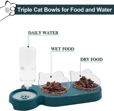 Набір мисок для котів та собак з диспенсером води, киликом та лопаткою, нахил 15°, миски для сухого та вологого корму, темно-синій