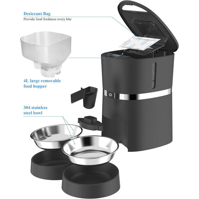 Автоматичний годівниця для котів та собак WellToBe Smart з Wi-Fi, таймером, функцією запису голосу та керуванням через додаток, до 6 прийомів їжі на день (чорний)