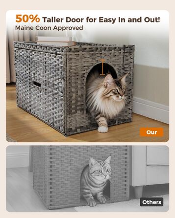 MUTTROS туалет для котів з ротанга, прихований туалет для котів, меблі з ручної плетіння, з високою дверцятами та піднятим бортиком, котячий будиночок-шафка для великих котів, для дому, вітальні, сірий