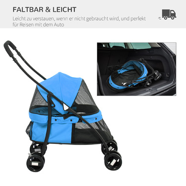 PawHut Dog Buggy Cart Dog Foldable з сітчастим вікном для маленьких собак і кішок, 2 захисних повідця, оксфордський матеріал синього кольору