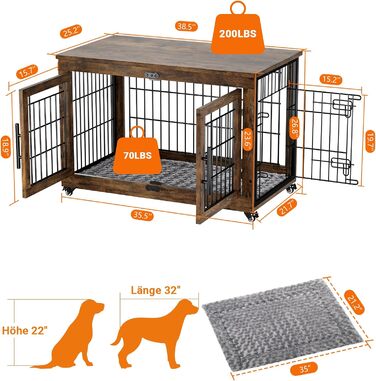 Кіяпа - Будка для собак у дім з подушкою, сучасна будка для собак з двома дверцятами та колесами, для великих собак до 70 кг, 98x64x68 см, (Рустичний коричневий, L)