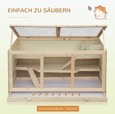 Клітка для тварин PawHut, клітка для гризунів з рампою та гойданням, верхня кришка відкривається, знімна піддон, дерево сосна та PS пластик, 115 x 60 x 55 см