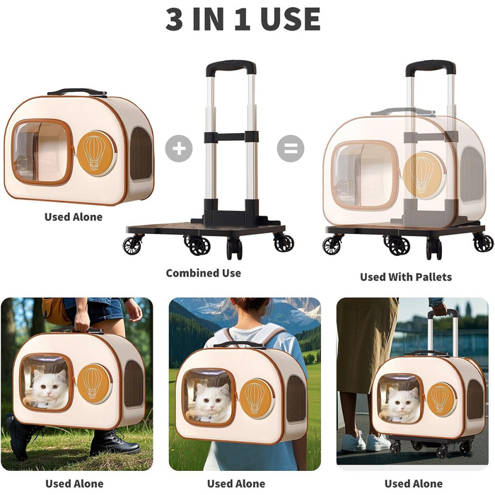 PETCUTE Рюкзак-переноска для собак та котів з колесами, складаний, з внутрішнім страхувальним ремінцем, дихаючий, для маленьких собак та середніх котів, бежевий