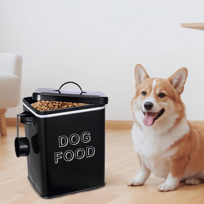 Контейнер для корму для собак, 5л, з кришкою та мірною ложкою, герметичний, білий, для сухого корму, снеків, для дому (441-Dog-Black)