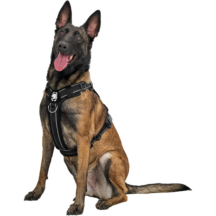 Нагрудник для собак OneTigris, тактичний, м'який, з відбиваючими елементами, 1 ручка, 3 D-кільця (XL, чорний)