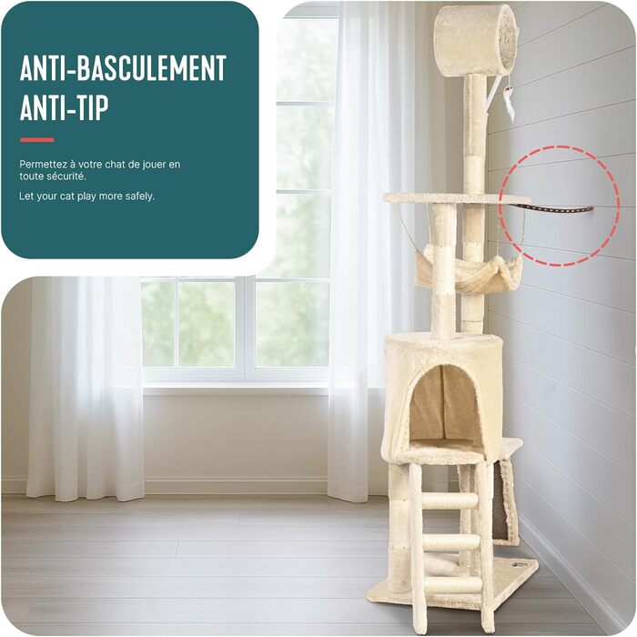 Кігтеточка для котів Vounot® - багатоярусна кігтеточка з платформами, печерею та іграшками, 112 см, бежева