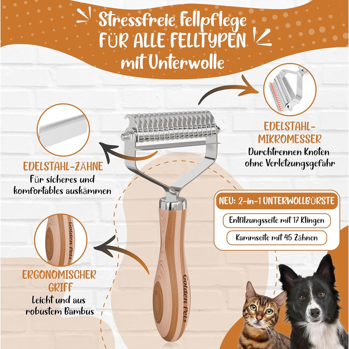Двостороння щітка для собак та котів 2в1: щітка для підшерстка та гребінець для видалення підшерстка та ковтунів, бамбук, розмір M-L + E-book