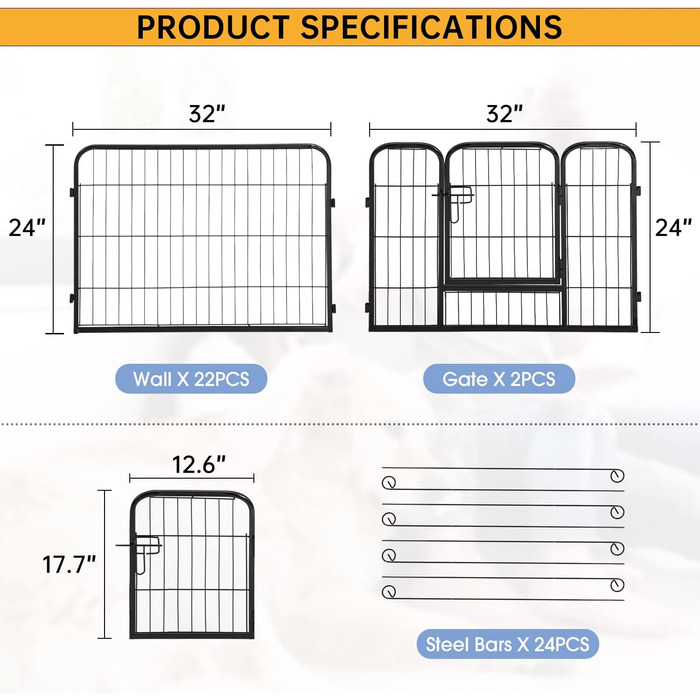 Металевий вольєр для собак BestPet з дверима, 32 панелі, розміри: 61x81,3x101,6 см