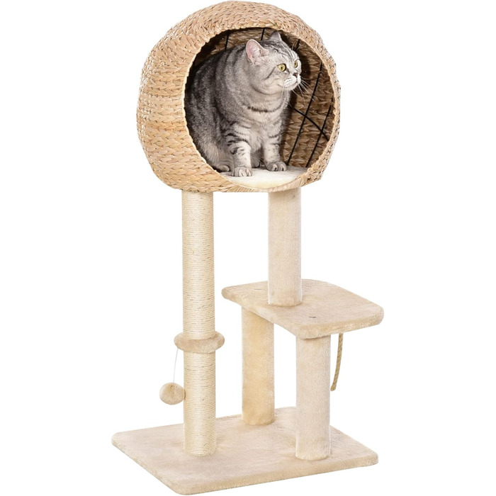Дряпак для котів PawHut, котячий будиночок, іграшка, сизаль, плюш, 100 см, бежевий