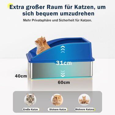 Великий котячий туалет FURTIME XXL з нержавіючої сталі 28 л, з совком і двошаровим килимком, проти протікань, без запаху, високий борт, для мейн-кунів, британських короткошерстих та інших порід