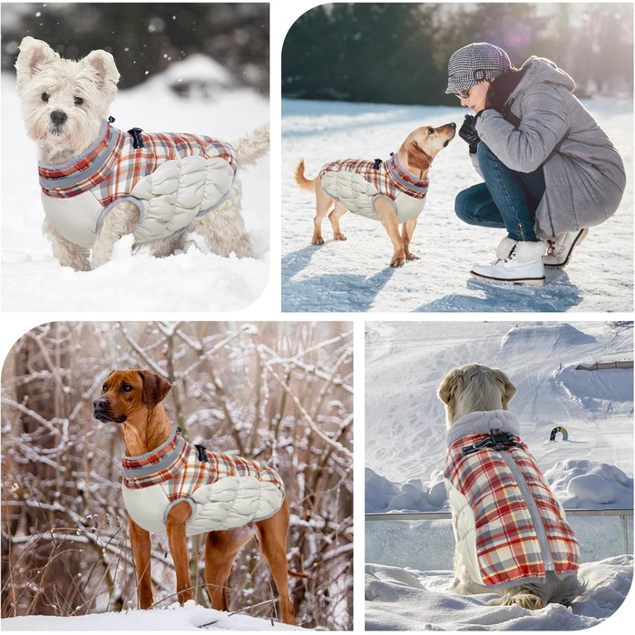 Зимовий теплий куртка для собак Kuoser, водонепроникний та вітрозахисний, з підкладкою з флісу, світловідбивачі, блискавка, комір з хутром, D-кільце, для малих собак, XS, червоний в клітинку