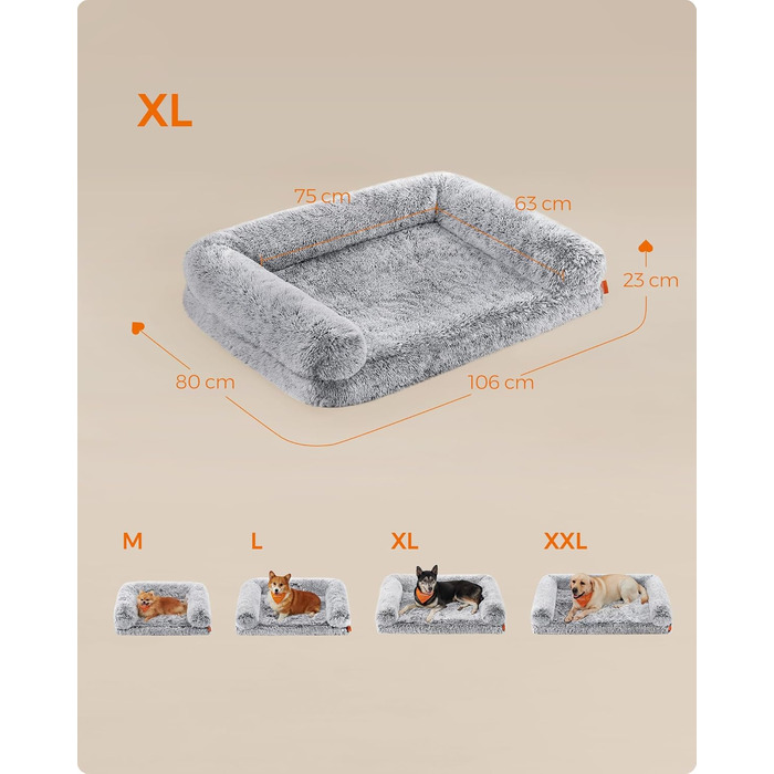 Ліжко для собак Feandrea FluffyHug XL, ортопедичне, знімний та праний чохол, для середніх і великих порід, 106x80x23 см, омбре-сірий